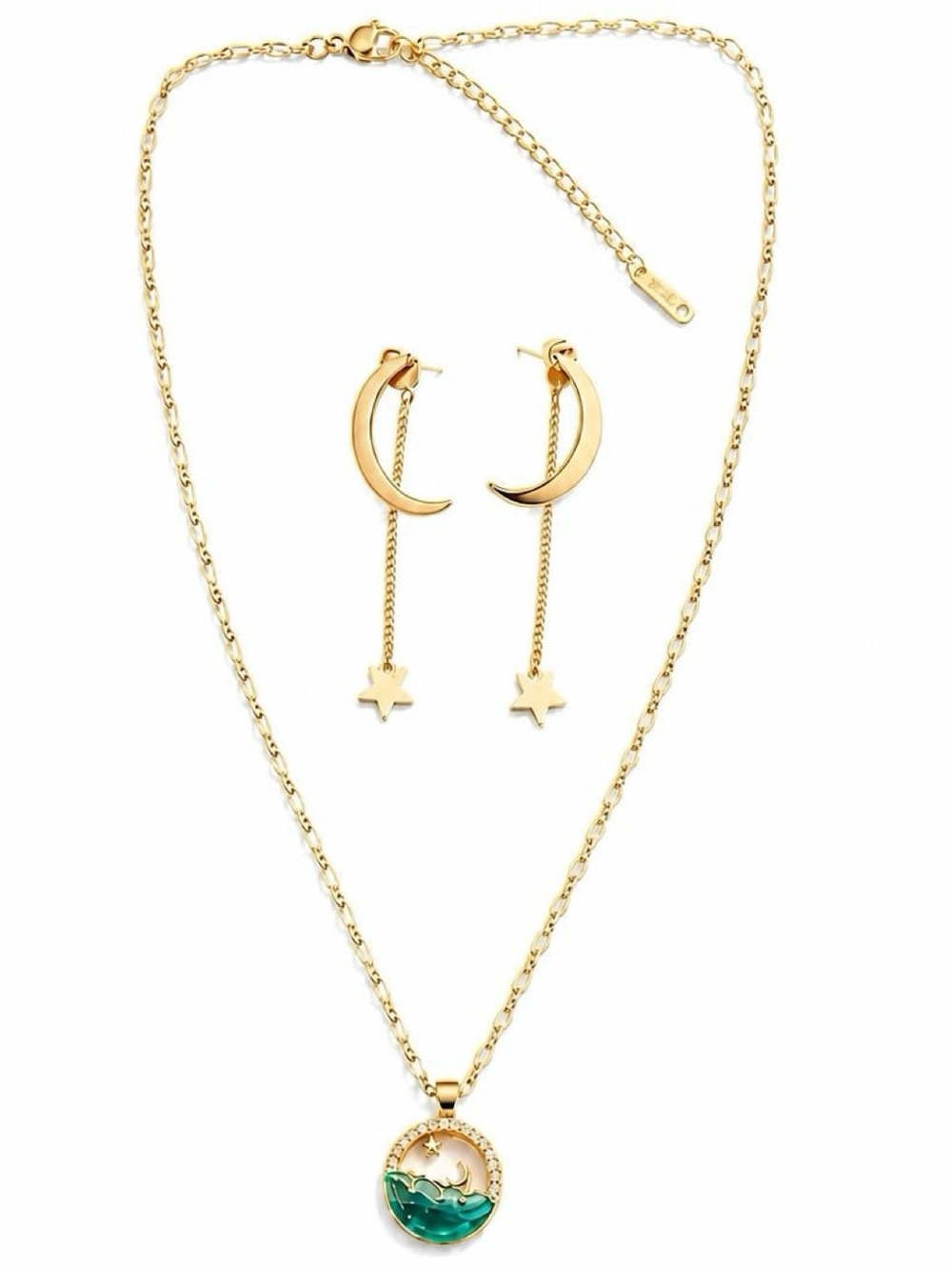 Gold Moon & Star Necklace and Earrings Set with Green Pendant